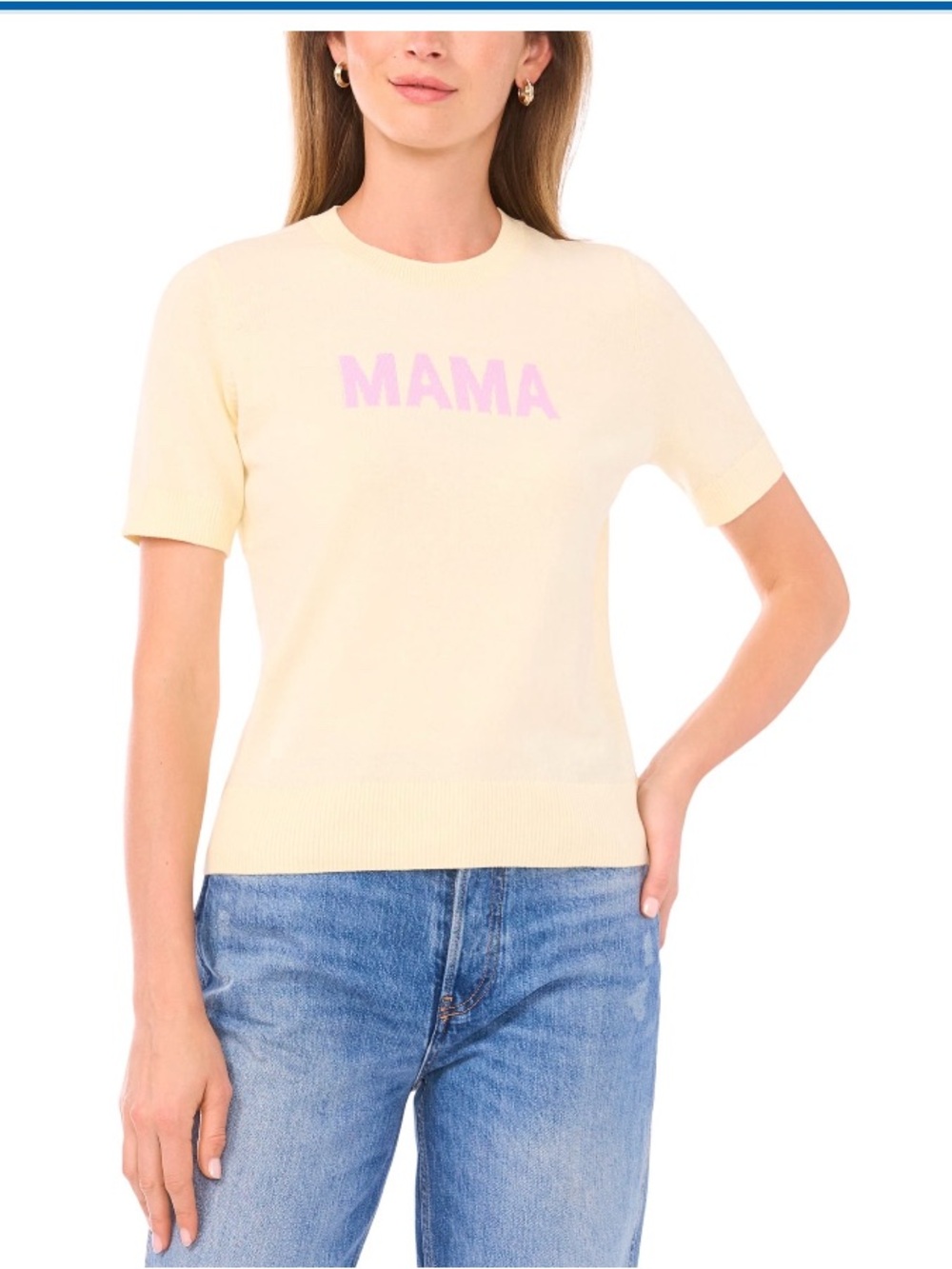 BNWT Vince Camuto Cream Short-Sleeve Knit Top with Pink MAMA Logo, Size XS